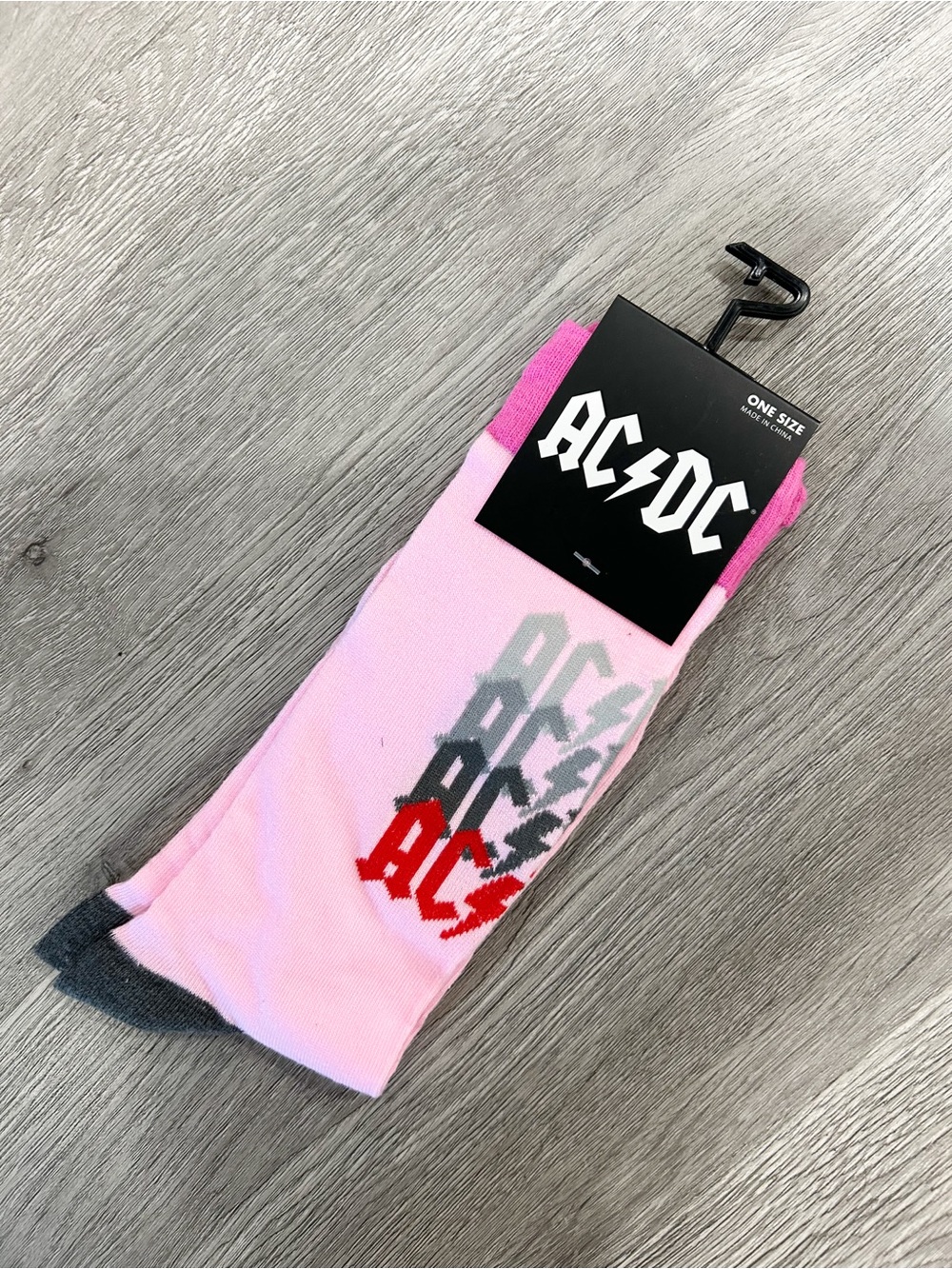 AC/DC Pink Crew Socks with Red and Gray Logo Accents